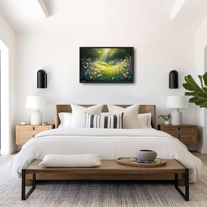 Green Forest Wall Art for Living Room, Large Green Canvas Wall Decor, Wildflowers Flowers Pictures Framed Painting, Landscape Artwork for Bedroom Office Home Decor 36L'' × 24W''