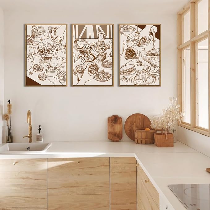 ANHUIB Framed Canvas Wall Art 16x24 Inch Large Modern Cheers Wall Decor Vintage Food Wall Art Sketch Pizza Paintings Gathering Decor Set of 3 for Kitchen Dining Room