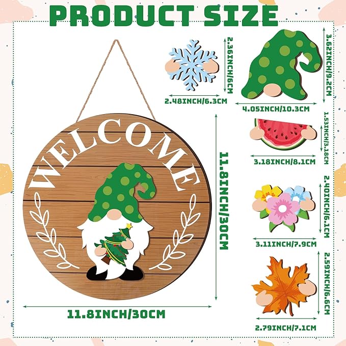 Qunclay Interchangeable Wooden Gnome Decor Holiday Seasonal Gnome Decorations with Magnet Pieces and Detachable Hats Changeable Welcome Sign for Home(Simple Style)