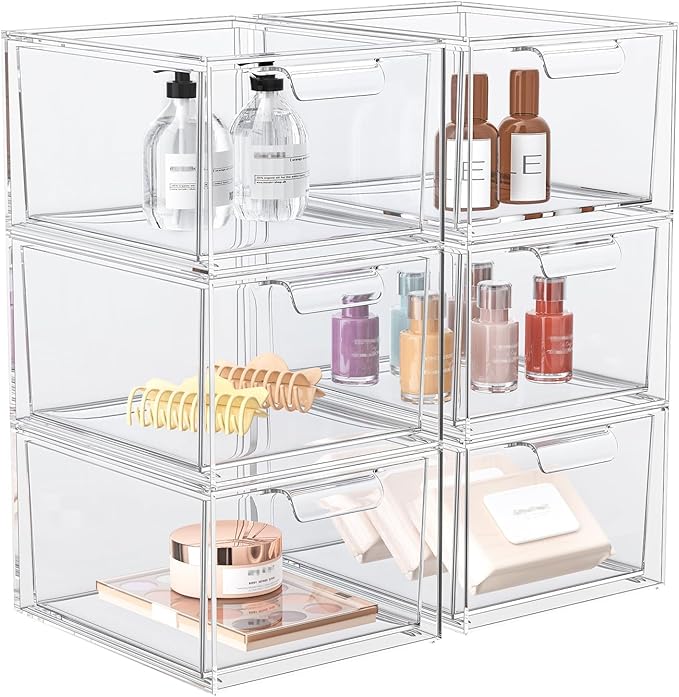 6 Pack Stackable Makeup Organizer and Storage, Acrylic Organizers，Clear Plastic Storage Drawer with Pull-Out Handles for Vanity, Undersink, Kitchen Cabinets, Pantry