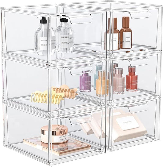 6 Pack Stackable Makeup Organizer and Storage, Acrylic Organizers，Clear Plastic Storage Drawer with Pull-Out Handles for Vanity, Undersink, Kitchen Cabinets, Pantry