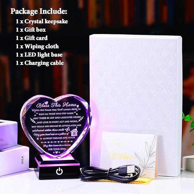 House Warming Gifts New Home Crystal Heart Keepsake with LED Base Housewarming Gifts for Women Men House Warming Gifts Couple Presents Home Blessing Warm Gift New Apartment