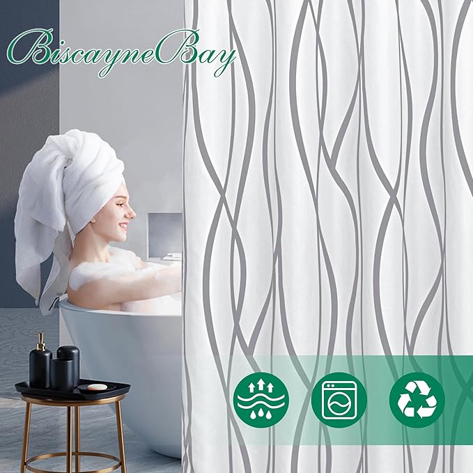 Biscaynebay Extra Long Textured Fabric Shower Curtain 72 W x 84 L, Silver Grey Striped Printed Linen Modern Hotel Luxury Quality Cloth Bathroom Curtains Machine Washable