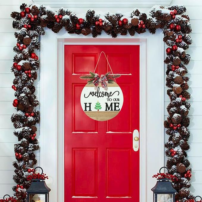 Interchangeable Welcome Sign for Front Door with 4 Seasonal Wreaths and 14 Changeable Icons, Farmhouse Front Porch Décor, Front Door Decoration, Seasonal Rustic Wooden Wall Sign home décor (7wood)