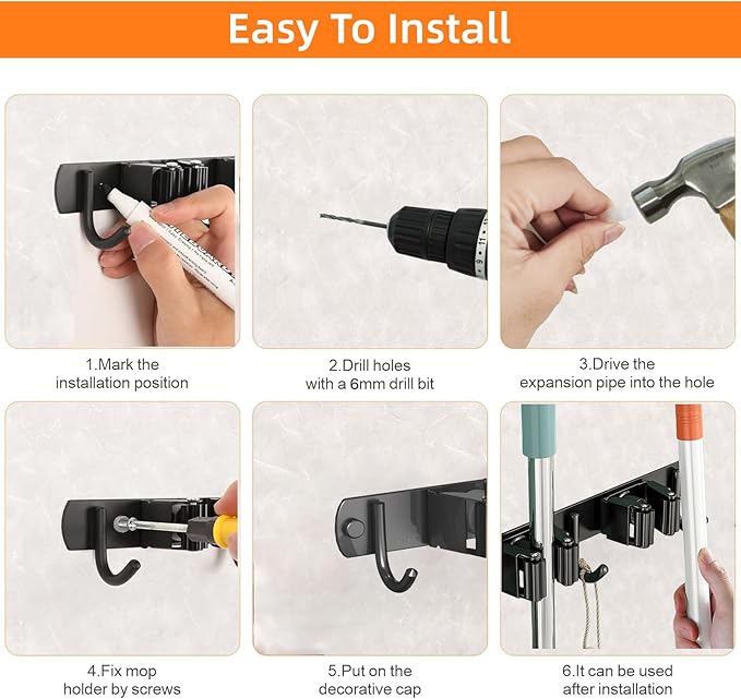 2 Pack Mop and Broom Holder Wall Mount, Non-slip Broom Hanger Wall Mount, Heavy Duty Mop Broom Organizer for Kitchen Garden Garage Laundry Room Wall Decor Organization and Storage Black 3R4H