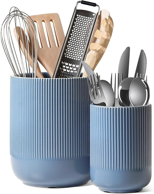LE TAUCI Utensil Holder, 7.3"+5.4" Ceramic Kitchen Utensil Holder for Countertop, Large Cooking Utensil Crocks for Kitchen Counter, Modern Utensil Organizer for Spatula, Set of 2, Dusty Blue