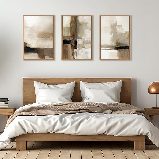 HOURIA Large Abstract Neutral Framed Canvas Wall Art Set,Brown Beige Wall Decor,Minimalist Textured Wall Painting,Modern Brush Stroke Line Art Print for Living Room,Bedroom,Office- 24"x36"x3