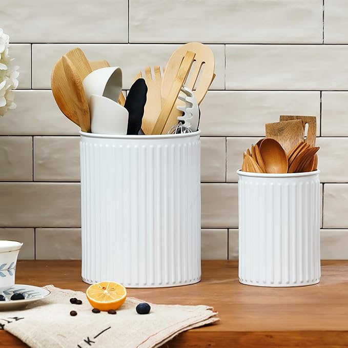 2 Pack Metal Utensil Holder for Kitchen Counter, 7.3"+5.4" Large Cooking Utensil Organizer Vertical Stripe Pattern Embossed Utensil Caddy for Party Cutlery Tool Holder Storage, White