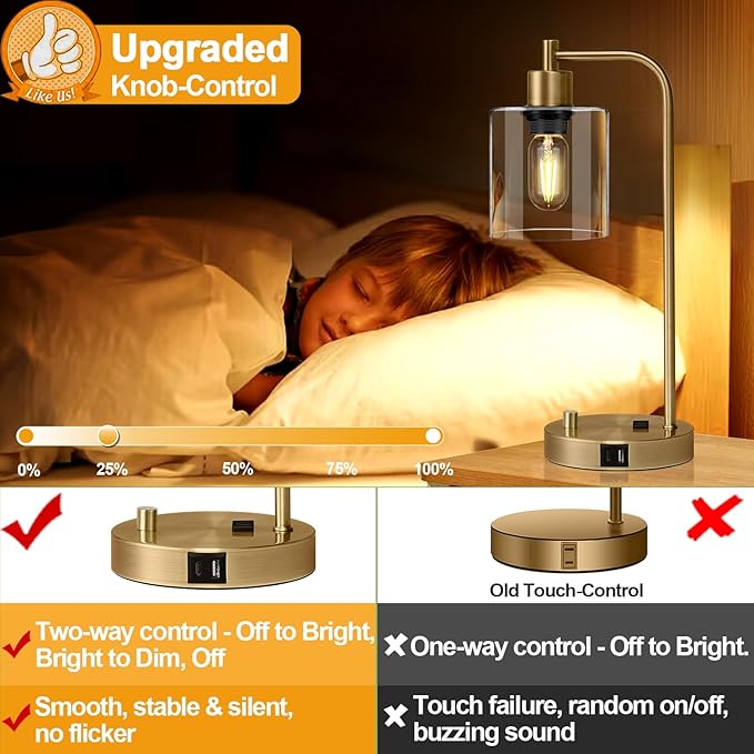 Set of 2 Industrial Table Lamps with USB C+A Ports and Outlet, Brass Fully Stepless Dimmable Bedside Lamps, Nightstand Lamps with Clear Glass Shade for Living Room Office (2 LED Bulb)