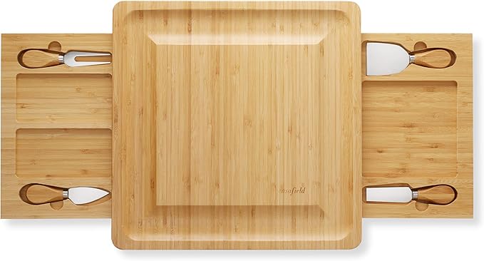 Casafield Bamboo Cheese Board Gift Set, Charcuterie Board Serving Platter with Stainless Steel Knives for Entertaining, Birthdays, Weddings