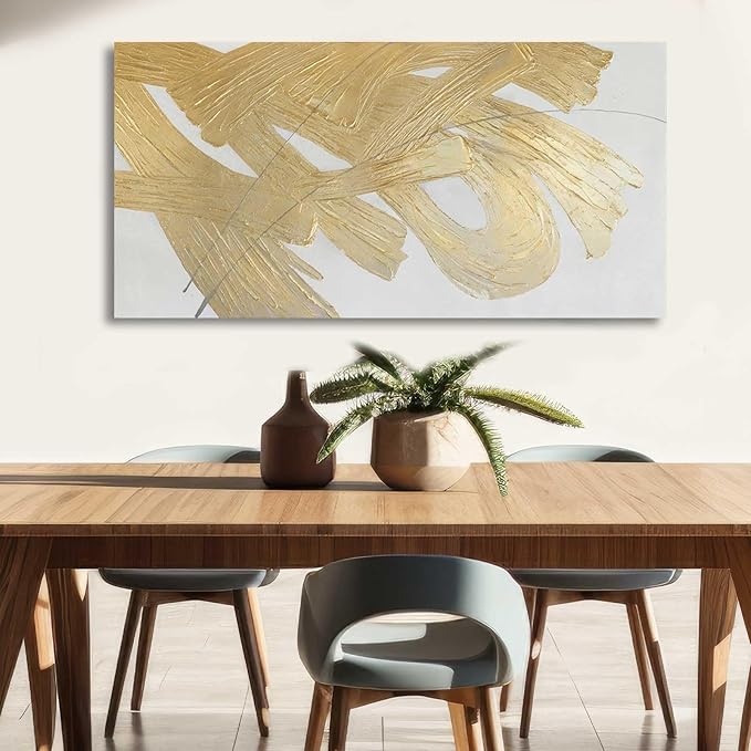 Gold Abstract Wall Art White and Gold Modern Framed Painting Texture Artwork for Living Room Office Dining Room Pictures 24x48 Inch Hand Painted