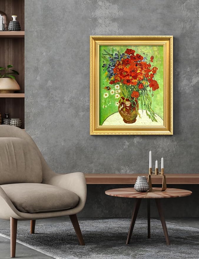 DECORARTS - Red Poppies and Daisies by Vincent Van Gogh. Giclee Print on Acid-Free Canvas in Gold Solid Wood Frame. Picture Size: 16x20, Total Size: 24.75x20.75, Made in USA