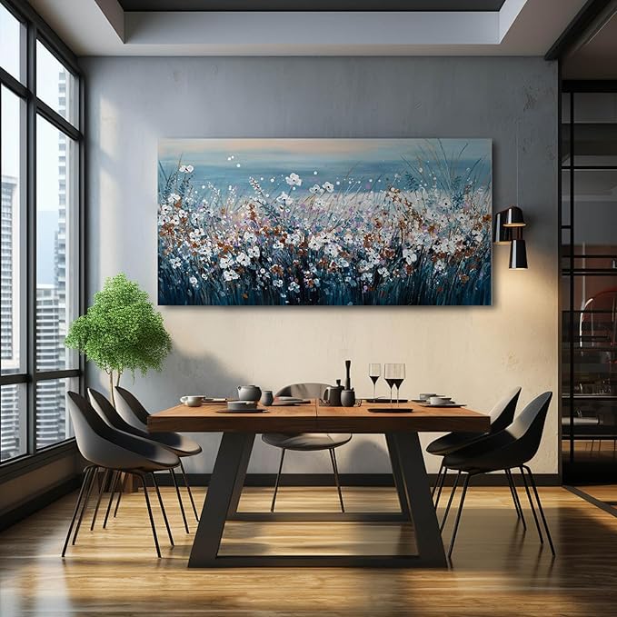 Blue Pictures Wall Decor Ocean Landscape Framed Wall Prints for Living Room Floral Wall Art Office Posters for Room Decor 29x58 Inch Hotel Art