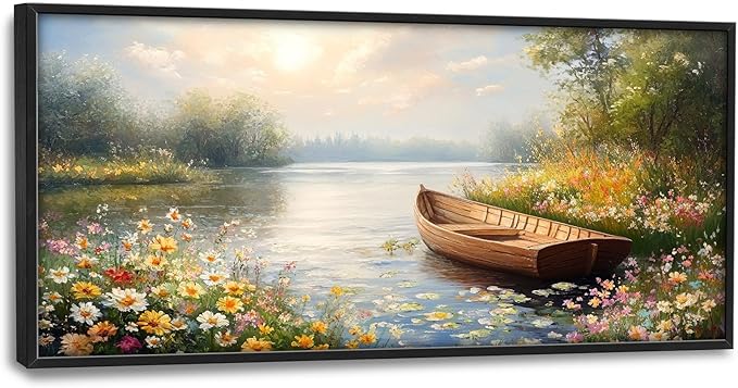 Framed Large Wall Art for Living Room, Lake Boat Canvas Wall Decor, Flower Pictures Painting, Natural Landscape Artwork for Living Room Bedroom Office 60L'' × 30W''