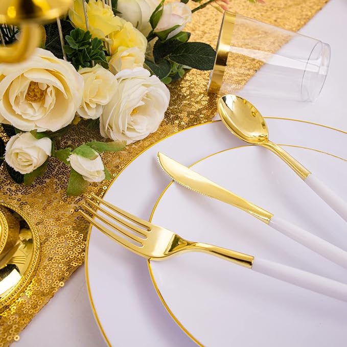 Nervure 100Pieces White with Gold Rim Plastic Plates - 7.5inch Disposable Gold Salad/Dessert Plate - White and Gold Plastic Plates Ideal for Wedding & Party & Thanksgiving