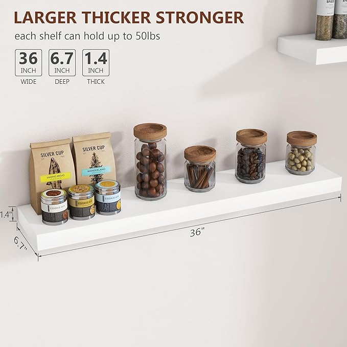 fuqing 36 Inch White Floating Shelves for Wall, Solid Wood White Floating Shelves Set of 2, Lightweight Wood Wall Mounted Shelves for Bathroom Bedroom Living Room Kitchen