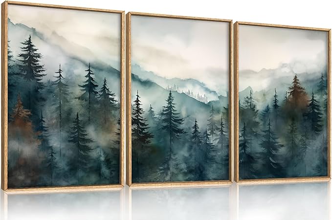 KAIRNE Watercolor Misty Forest Framed Canvas Wall Art Set, Nature Landscape Wall Decor, Foggy Mountain Pine Trees Wall Painting, Jungle Scenery Artwork for Living Room, Bedroom, Office - 16"x24"x3