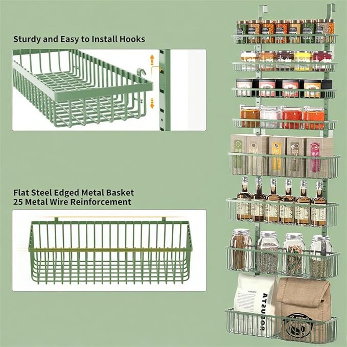 Moforoco Sage Green Over The Door Pantry Organizer, Pantry Door Organizer Shelves, Kitchen Organizers and Storage, Hanging Basket Wall Spice Rack Seasoning Shelves