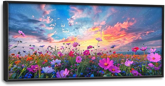 Flower Field Sunrise Large Framed Wall Art Oversized Daisy WildFlower Landscape Pictures Floral Wall Decor Canvas Print Painting Aesthetic Modern Artwork for Living Room Bedroom Office Bathroom Home Decor 60L"x30W"
