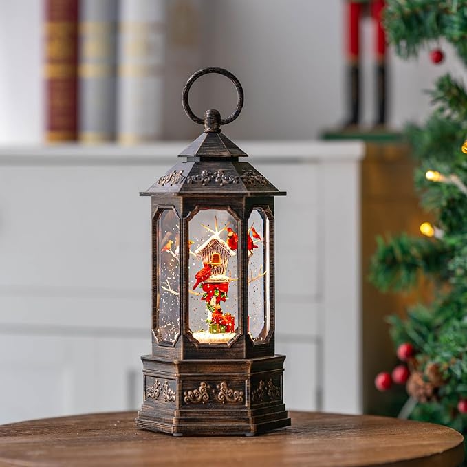 Musical Snow Globe Lantern Lighted Cardinal & Birdhouse Christmas Snow Water Lantern Swirling Glittering Home Decoration and Gift, Battery Operated or USB Powered