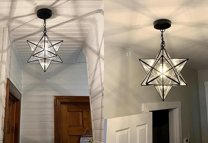 16'' Large Moravian Star Pendant Light Clear Glass Hanging Star Lights with Ajustable Chain for Kitchen Bedroom Entryway Dining