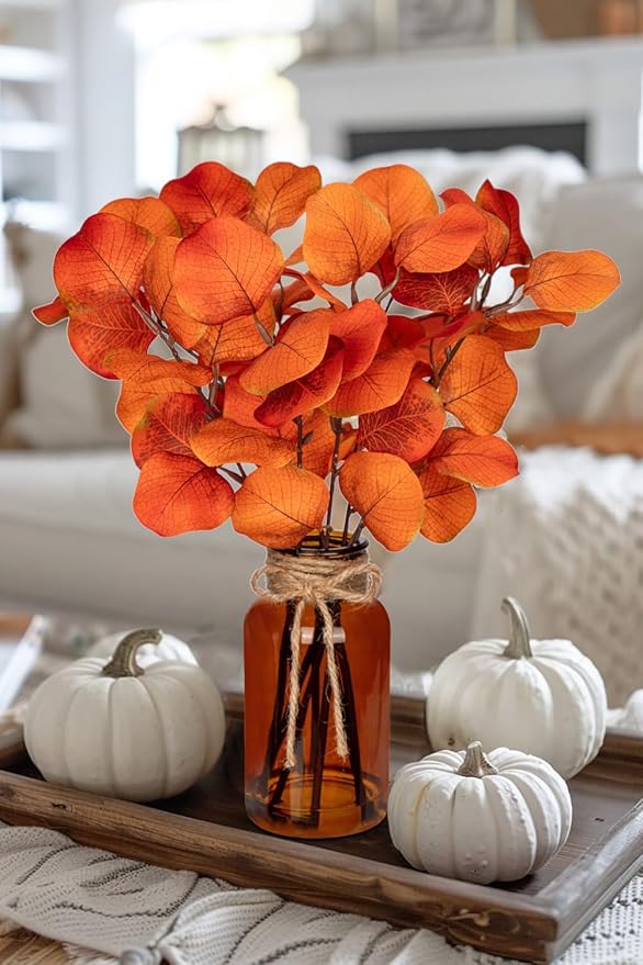 Briful Artificial Eucalyptus Stems in Amber Glass Vase with Faux Water, 14" Fake Fall Plant Autumn Eucalyptus Leaves for Home Farmhouse Wedding Centerpiece Bathroom Décor