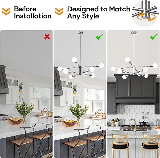 Sputnik Chandeliers Dining Room Light Fixture (8-Light, 30-Inch), Modern Nickel Chandelier, Height Adjustable Mid Century Modern Chandeliers for Dining Room Kitchen Island