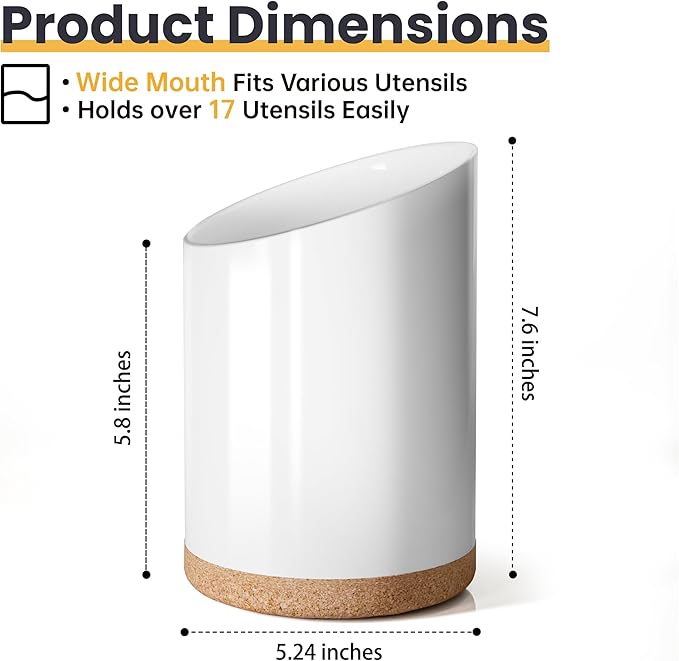 Large Ceramic Utensil Holder for Kitchen Counter, Modern Crock with Slanted Top & Cork Mat, for Spatulas & Cooking Spoons, White
