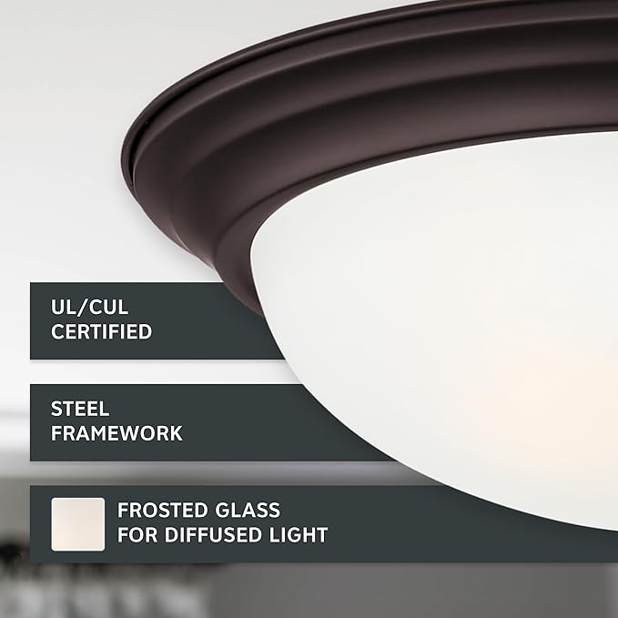 DESIGNERS FOUNTAIN Reedley 3-Lights Flush Mount Ceiling Light, 15 Inch Lighting Fixture for Kitchen, Bedroom, Bathroom, and Hallway, Oil Rubbed Bronze with Etched Glass, 1257L-ORB-W