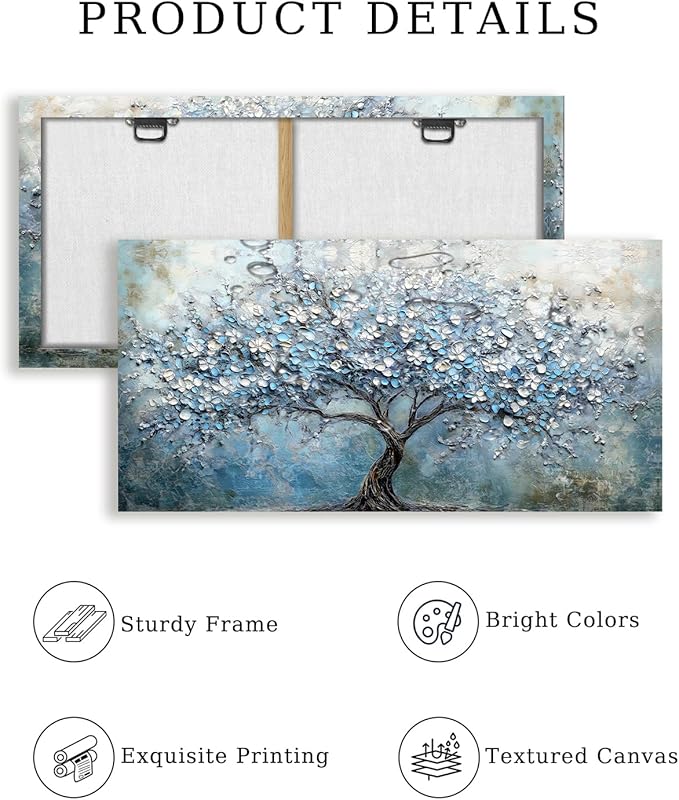 crmotu Tree of Life Large Wall Art for Living Room, Cherry Blossom Tree Abstract Art Prints Canvas Pictures, Modern Blue White Aesthetic Painting Bedroom Bathroom Home Office Wall Decor 24"X48"