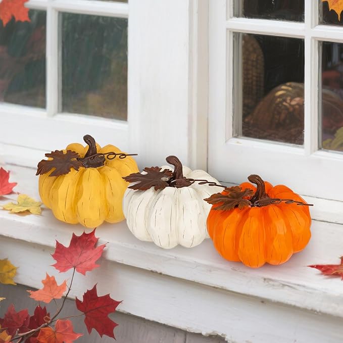 Fall Pumpkin Decor, 6 Inch Resin Pumpkins Set of 3 with Metal Maple Leaf, Artificial Pumpkins for Fall Decor,Thanksgiving Table Decorations, Farmhouse, Mantel,Centerpiece Table Decorations