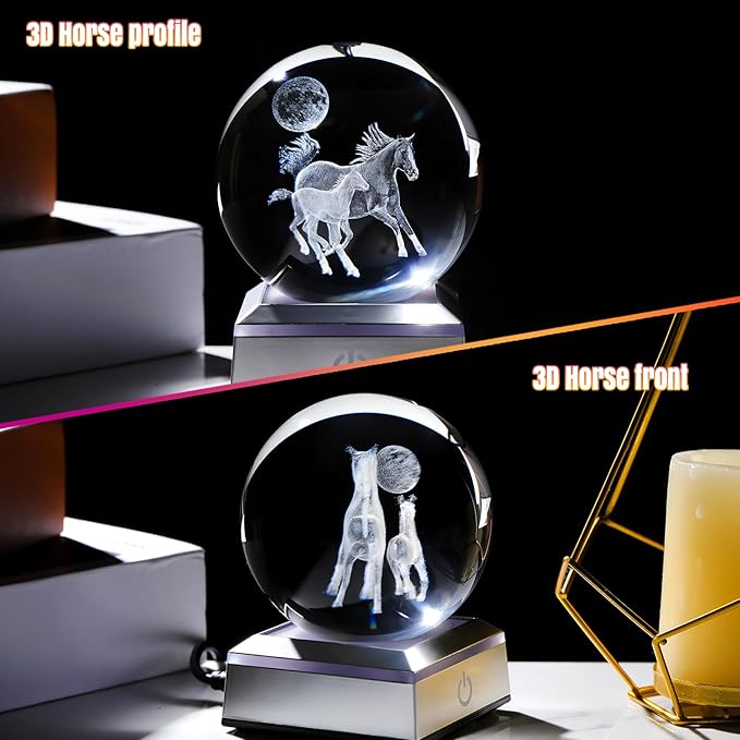 Ornalrist 3D Crystal Ball Engraved Mom and Baby Horse with Multicolor LED Light Base - Horse Lovers Gifts Home Decor