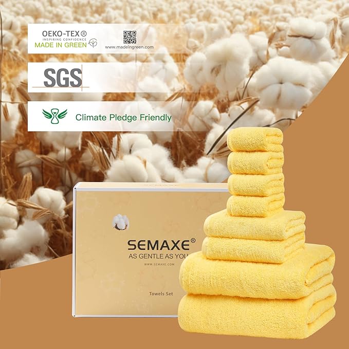 SEMAXE Bath Towel Set, 100% Cotton Absorbent Bathroom Towels with Hanging Loops and Nano-Bio Lifecycle Labels, Yellow 8 Piece Towel Set Include 2 Bath Towels, 2 Hand Towels, 4 Washcloths