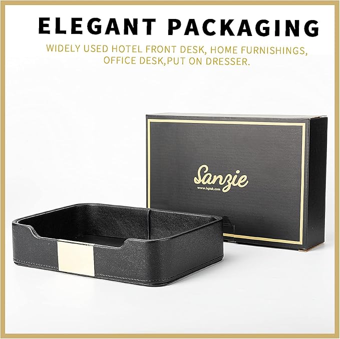SANZIE Luxury Leather Tray Desktop Storage Catchall Organizer Decorative Tray for Entryway Table to Hold Jewelry Watch Keys Phone Wallet (Metal Glided, Black)