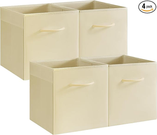 StorageWorks Beige Storage Cubes, 11 Inch Cube Storage Bins with Handle, Cube Storage Organizer Bins for Shelves and Closet, Collapsible Storage Bins, 4-Pack