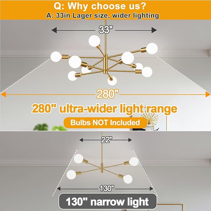 Sputnik Chandeliers Dining Room Light Fixture (10-Light, 33-Inch), Modern Gold Chandelier, Height Adjustable Mid Century Modern Chandeliers for Bedroom Kitchen Entryway