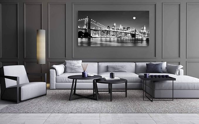 Baisuart-Q30375 Brooklyn Bridge Night View 1 Panels Landscape Artwork Canvas Prints Moon Night New York City Scene Picture Paintings Black and white Wall Art for Oiffce Home Decorations Wall Decor