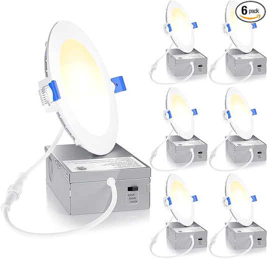 Ensenior 6 Pack 4 Inch LED Recessed Light, Dimmable, 3000K-5000K 3CCT, 750LM High Brightness, 9W 120V, Damp Rated, Ultra-Thin Canless Wafer Ceiling Light - ETL & FCC & IC