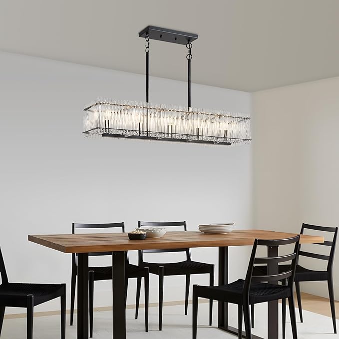 5-Light Modern Crystal Chandelier Luxury Black Dining Room Light Fixture Over Table Rectangle Farmhouse Hanging Pendant Lighting for Living Room, Kitchen Island Ceiling Lights