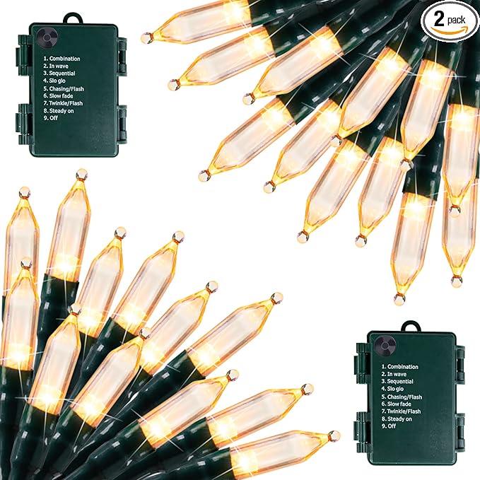 Battery Operated Christmas Lights 2 Pack 18 Feet 50 LED Clear Mini String Lights with 8 Modes Waterproof Tree Lights for Xmas Outdoor Indoor Holiday Party Garden Decor, Warm White