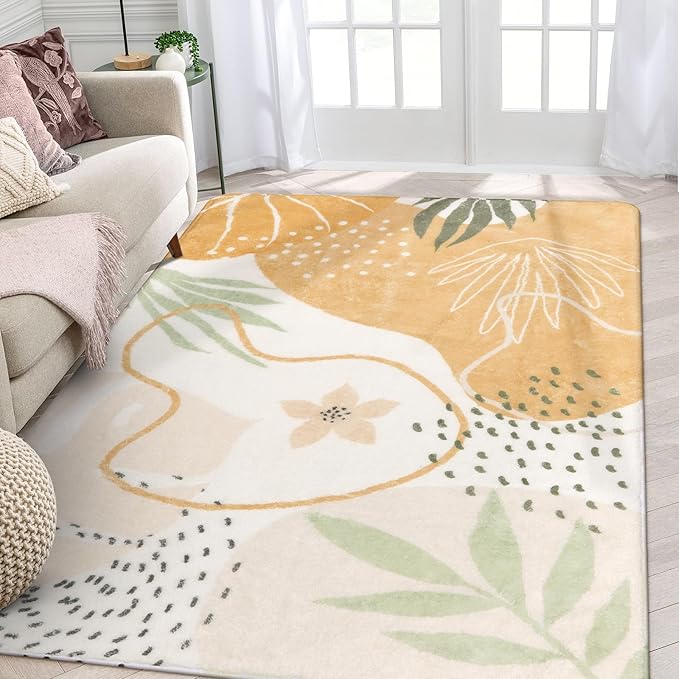 Lahome Non-Slip Rug for Living Room - 4x6 Washable Lightweight Large Area Rug Boho Throw Soft Carpet for Bedroom, Taupe Botanical Print Indoor Rugs for Kids Nursery Kitchen Entryway Dining Room