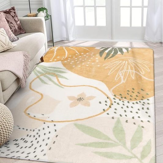 Lahome Non-Slip Rug for Living Room - 4x6 Washable Lightweight Large Area Rug Boho Throw Soft Carpet for Bedroom, Taupe Botanical Print Indoor Rugs for Kids Nursery Kitchen Entryway Dining Room