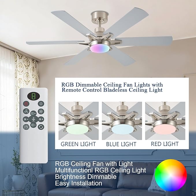 52in Ceiling Fans with Lights RGB Ceiling Fan with Light and Remote/APP Control,Low Profile Ceiling Fans with Lights for Bedroom,Living Room,Kids Room,3CCT Dimmable Modern Ceiling Fan, 8 Speeds,Nickel