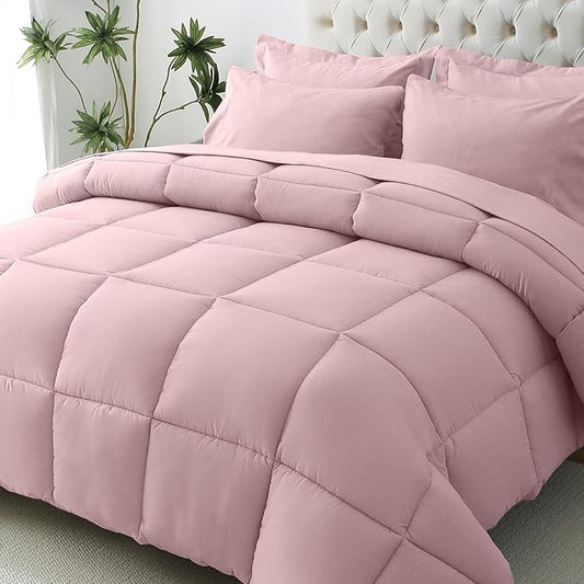 JOLLYVOGUE Twin XL Comforter Set, Ultra-Soft Bed in a Bag Twin XL Size 5 Pieces, Oeko-TEX Certified Bedding Set with Down Alternative Comforter, Sheets, Pillowcases & Shams, Camio Pink