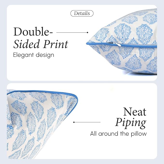 CPC 100% Cotton Throw Pillow Covers 18x18 Inch, Set of 2 Green Block Print Pattern Couch Pillow, Cute Boho Decorative Pillows for Living Room, Bedroom with Hidden Zipper- Royal Blue