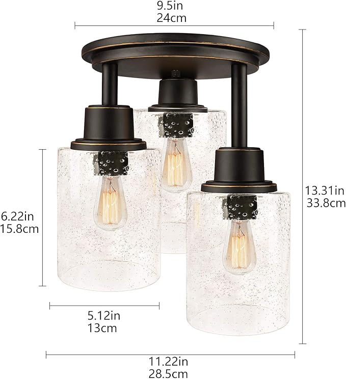 Semi Flush Mount Ceiling Light, 3-Light Close to Ceiling Light Fixtures, Vintage Oil-Rubbed Bronze Finish with Clear Seeded Glass Shade Chandelier Lighting for Stairs Porch Hallway Entryway Kitchen