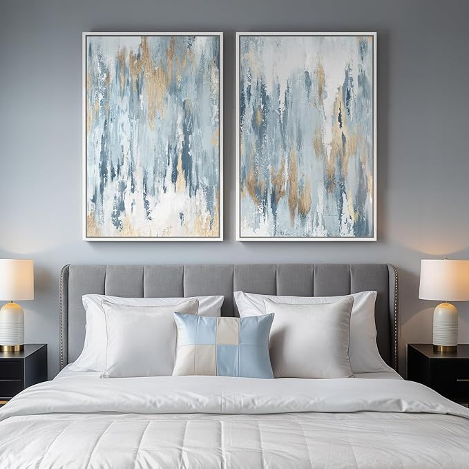 Large White Framed Blue and Gold Abstract Canvas Wall Art for Living Room, 2 Piece Modern Minimalist Prints Paintings Artwork for Walls, Glitter Pictures for Hallway Dining Bedroom Wall Decor 24x36 In