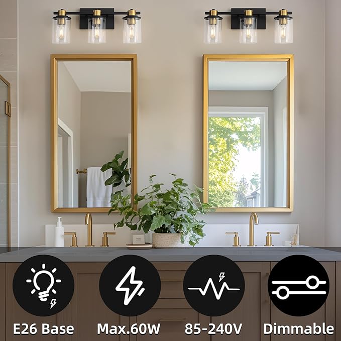 LOUSACE Bathroom Lighting Fixtures Black and Gold 3 Light Bathroom Vanity Light Over Mirror with Clear Glass Shades, Brushed Gold Socket Wall Vanity Lighting Fixtures for Bedroom Living Room