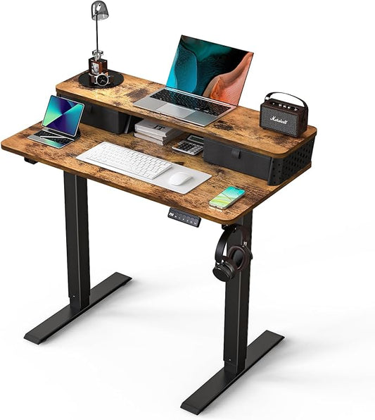 Electric Standing Desk with 2 Drawers 35''x 20'' Small Adjustable Height Sit to Stand Up Desk with Storage Shelf, C-Clamp Mount Compatible Home Office Desks Computer Gaming Table Ergonomic Workstation
