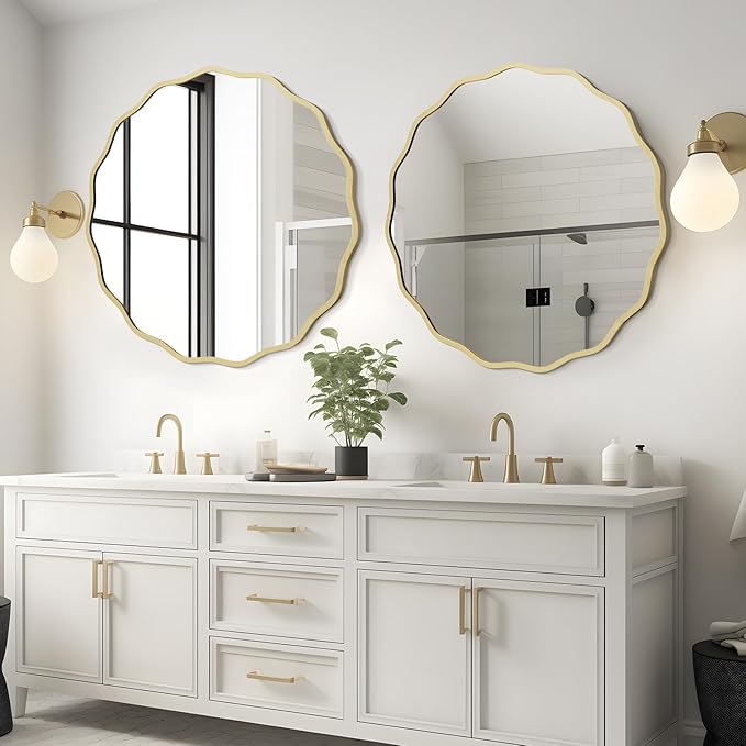WallBeyond Round Wavy Mirror for Wall Decorative 28 inch, Modern Round Mirror Aluminum Frame for Bathroom Bedroom Living Room Home House Office Entryway, Gold